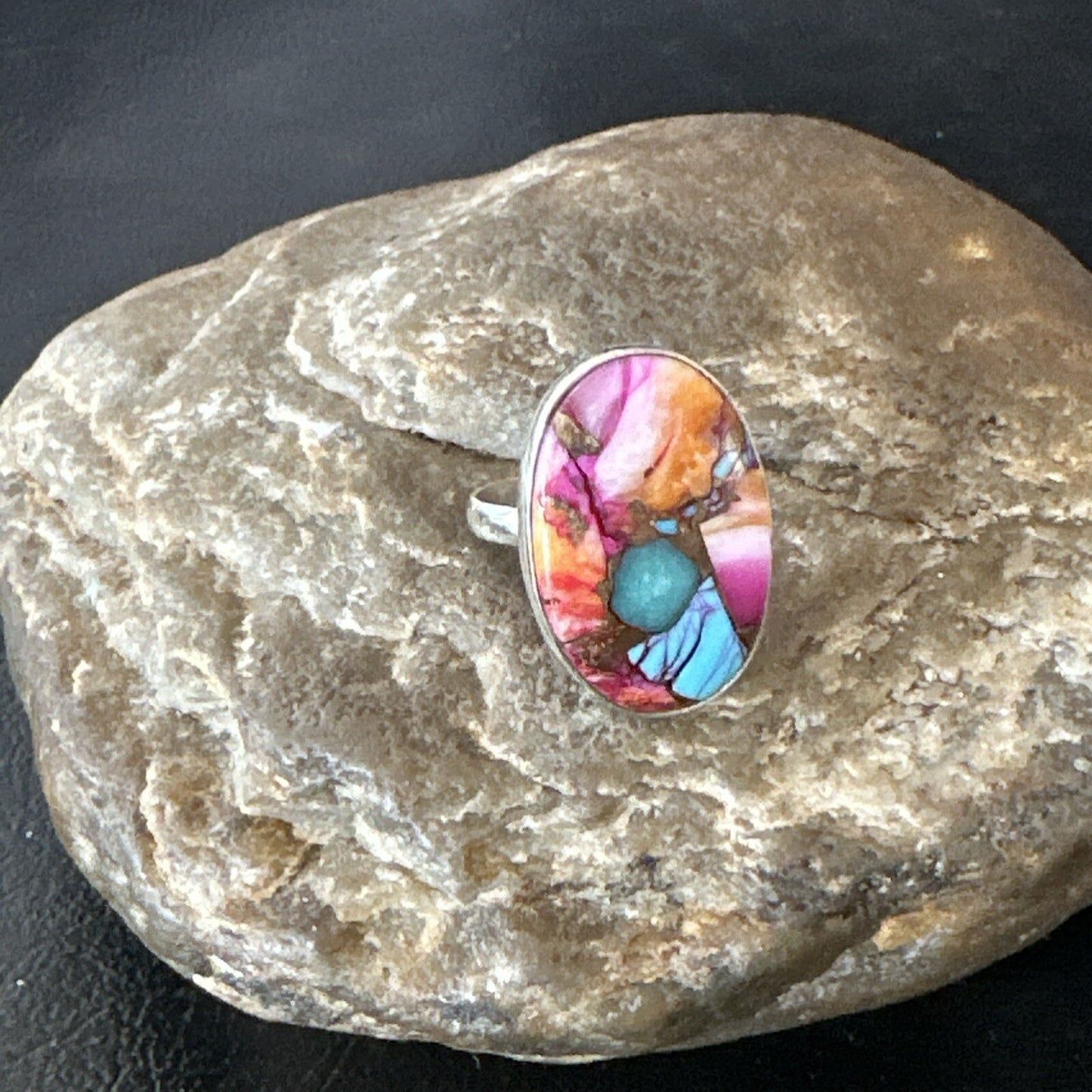 Blue Turquoise Spiny Oyster Southwestern Sterling Silver Ring Size 7 18495