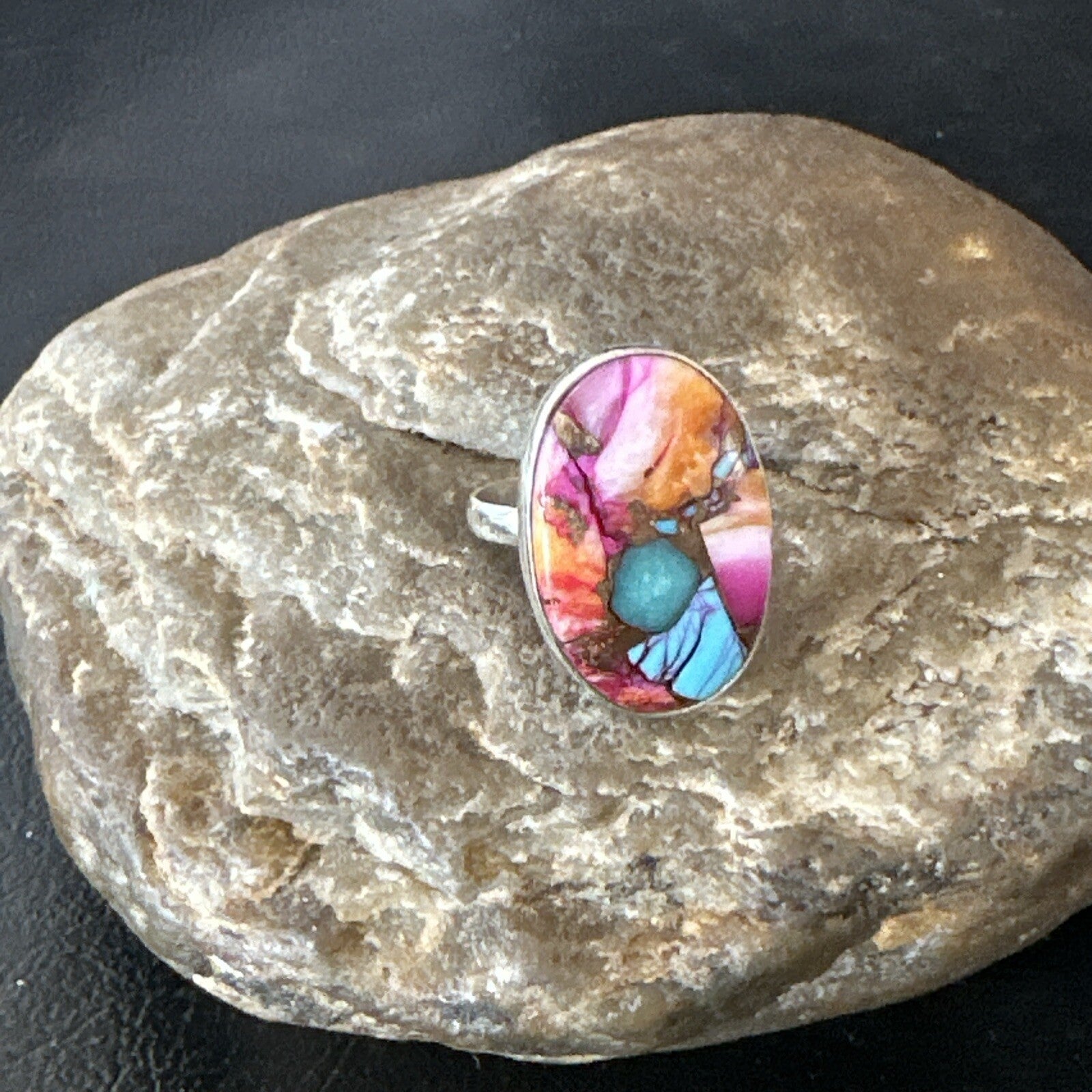 Blue Turquoise Spiny Oyster Southwestern Sterling Silver Ring Size 7 18495