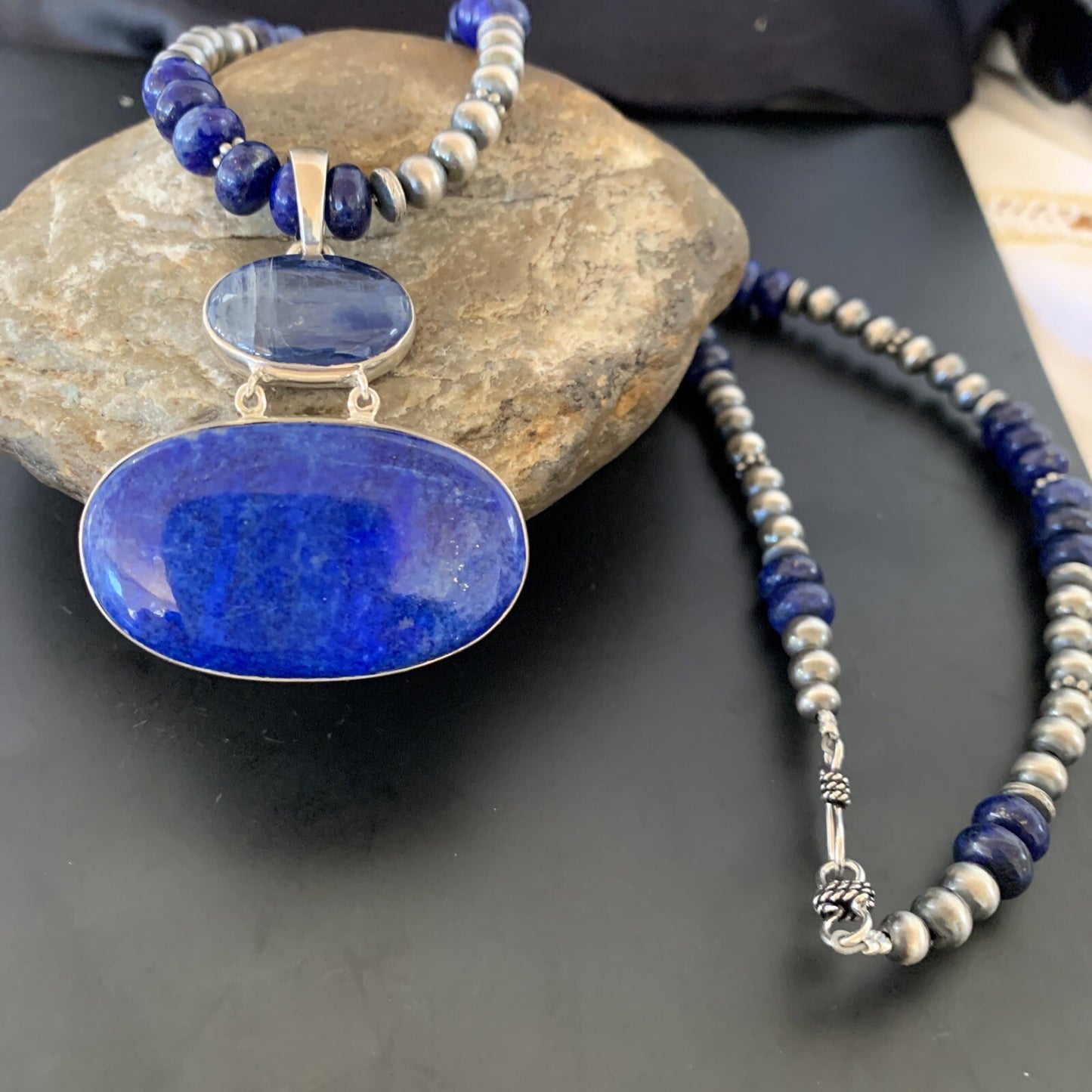 Lapis Lazuli Pendant Navajo Pearls Sterling Silver Necklace 11366