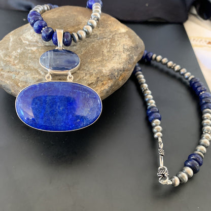 Lapis Lazuli Pendant Navajo Pearls Sterling Silver Necklace 11366