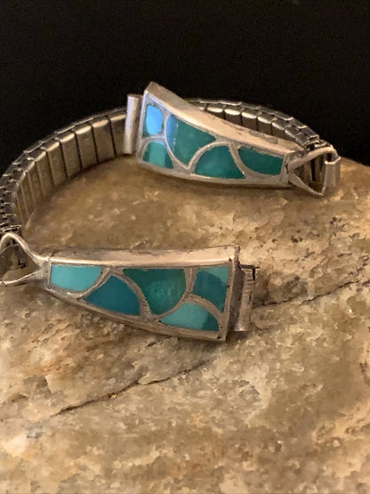 Blue Turquoise Inlay Navajo Sterling Silver Old Pawn Watch Tips 1443