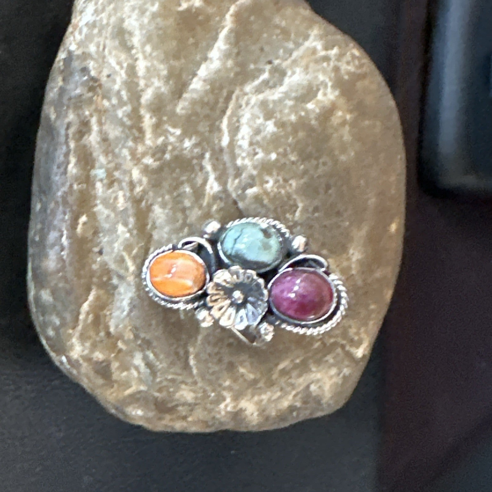 Multicolor Ring Turquoise Spiny Navajo Sterling Silver Cluster Size 8 19171