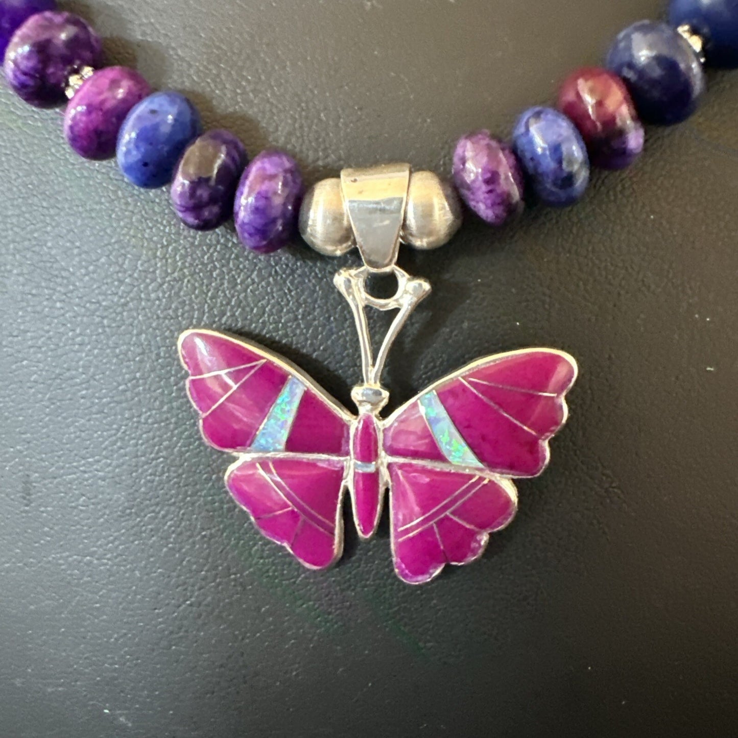 Butterfly Purple Stone Opal Pendant Navajo Sterling Silver Necklace 18732