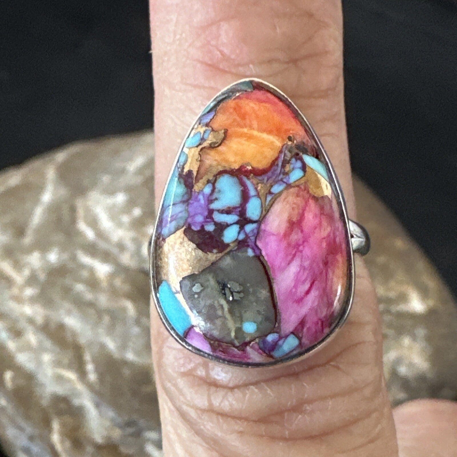 Blue Turquoise Spiny Oyster Southwestern Sterling Silver Ring Size 6 18471