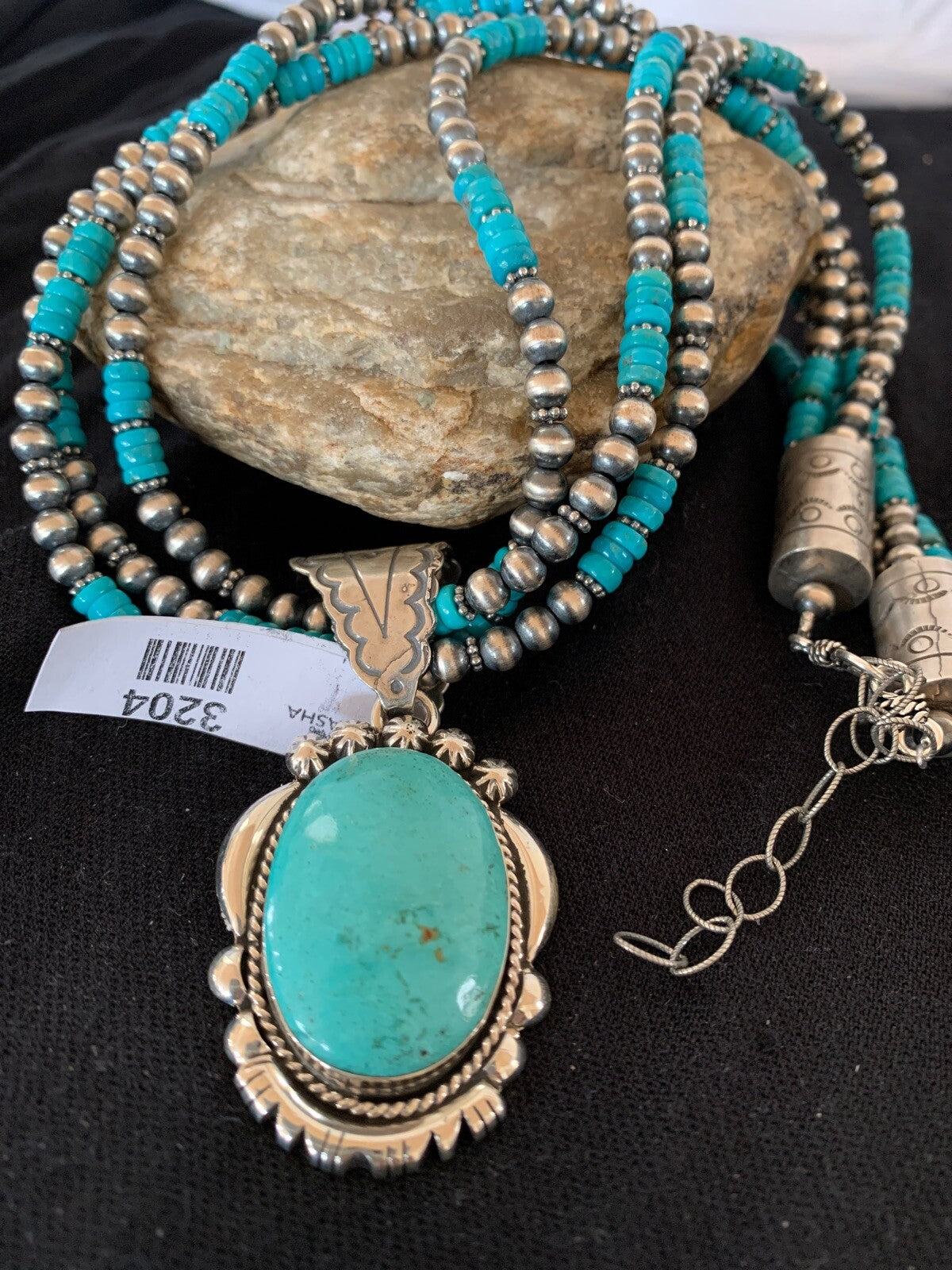 Kingman Turquoise Pendant 3 Strands Navajo Pearls Sterling Silver Necklace 03204