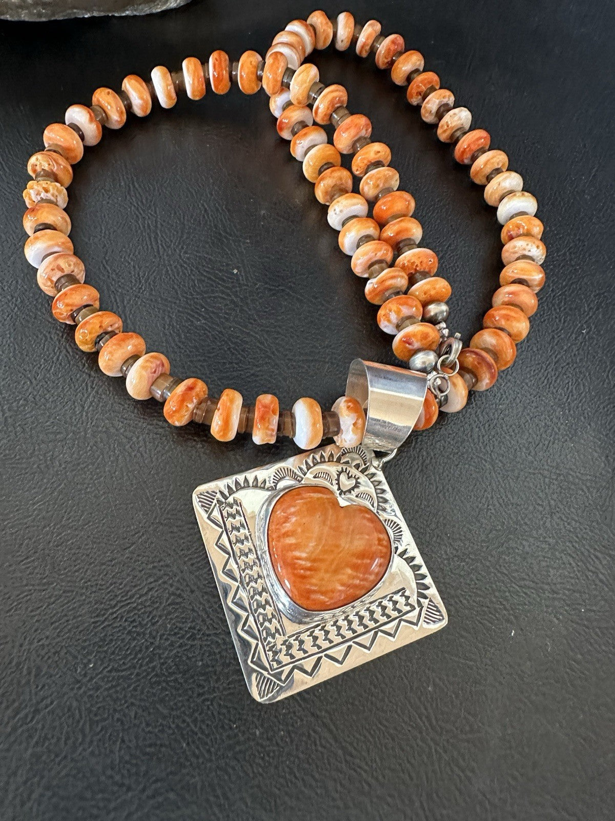 H Joe Orange Spiny Oyster Heart Pendant Navajo Sterling Silver Necklace 19480