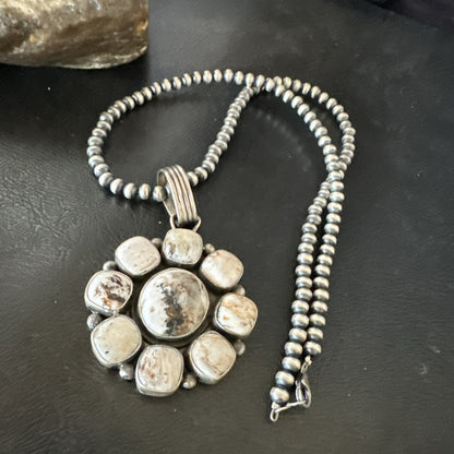 White Buffalo Turquoise Cluster Pendant Navajo Sterling Silver Necklace 19271