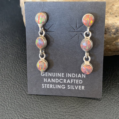 Womens Pink Opal Inlay Navajo Sterling Silver Dangle Post Earrings 1" 12760