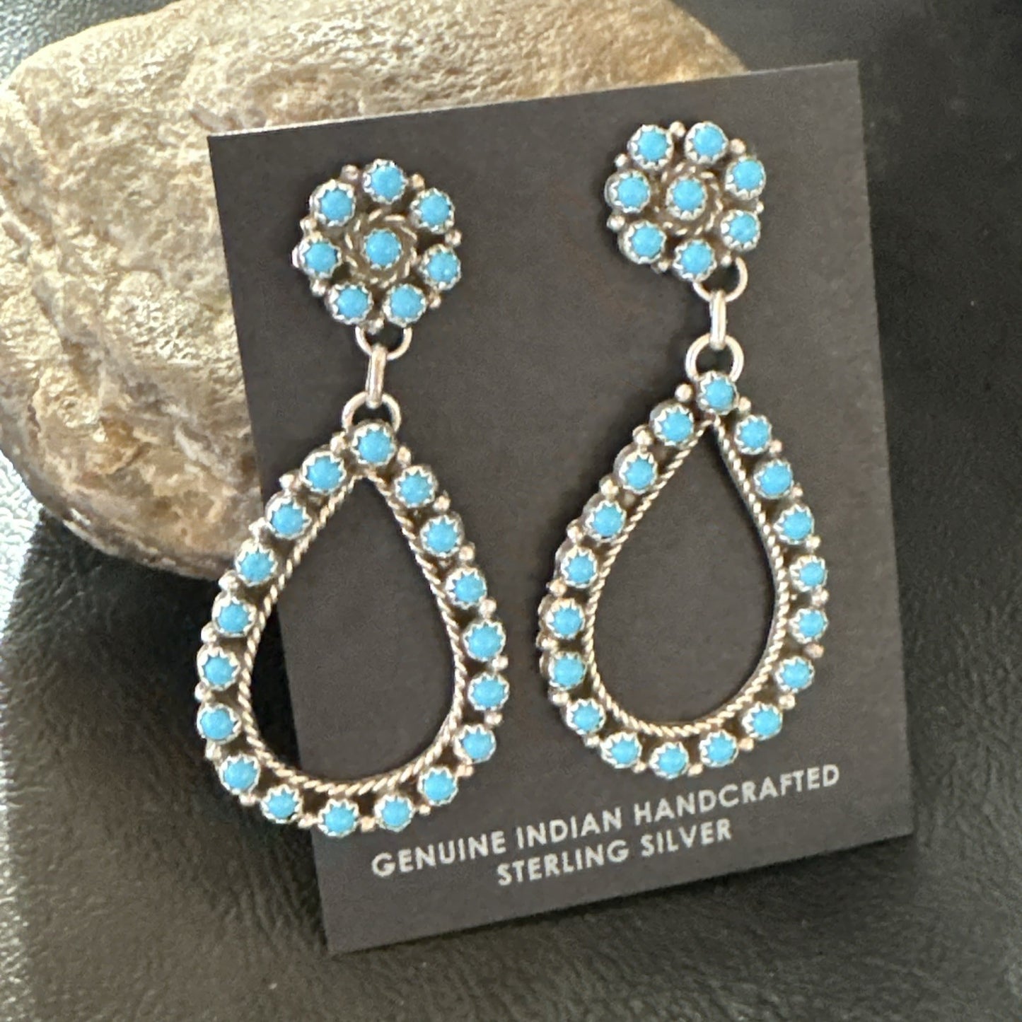 Zuni Petite Point Turquoise Cluster Earrings Sterling Silver Handmade 19772