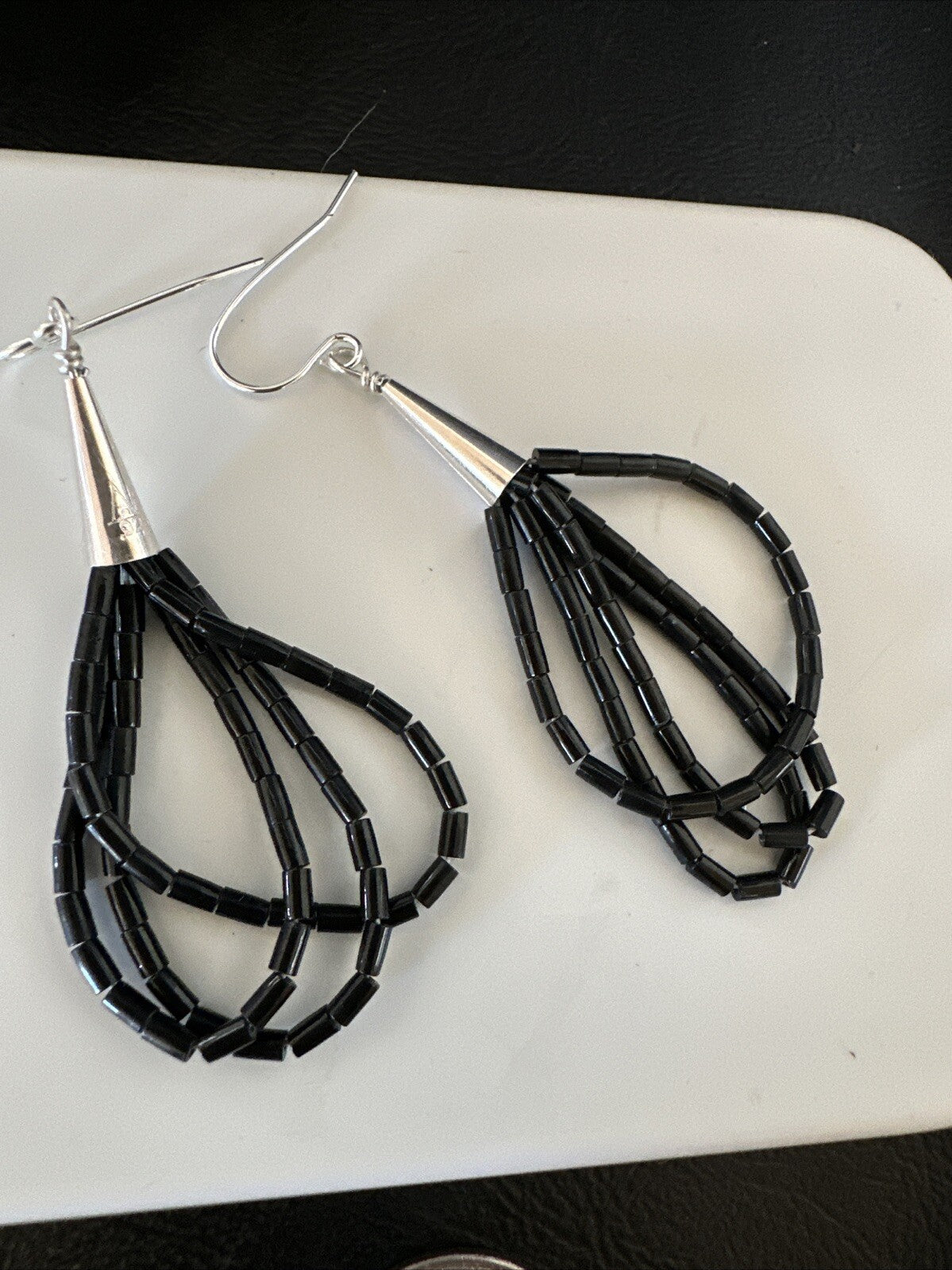 Black Onyx Heishi 3S Bead Southwestern Sterling Silver Earrings 2" 18197