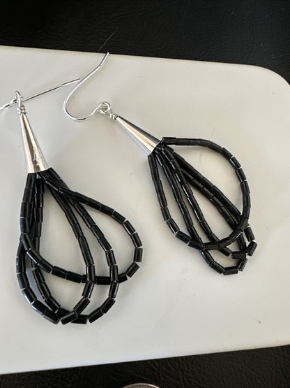 Black Onyx Heishi 3S Bead Southwestern Sterling Silver Earrings 2" 18197