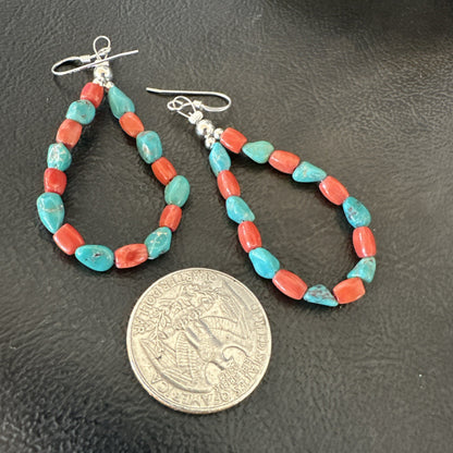 Blue Turquoise Coral Navajo Sterling Silver Earrings 2” 18834
