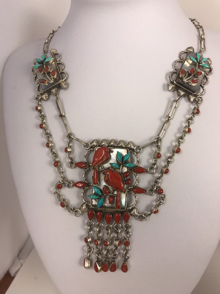 Turquoise & Coral Pendant Zuni Sterling Silver Museum Collectible Necklace 03029