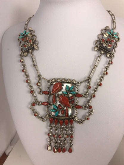Turquoise & Coral Pendant Zuni Sterling Silver Museum Collectible Necklace 03029