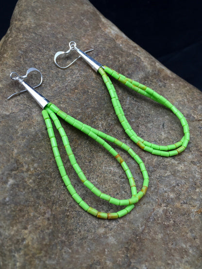 Gift Liquid Silver Heishi Dangle Green Gaspeite Sterling 2S Earrings 2.5” 4370