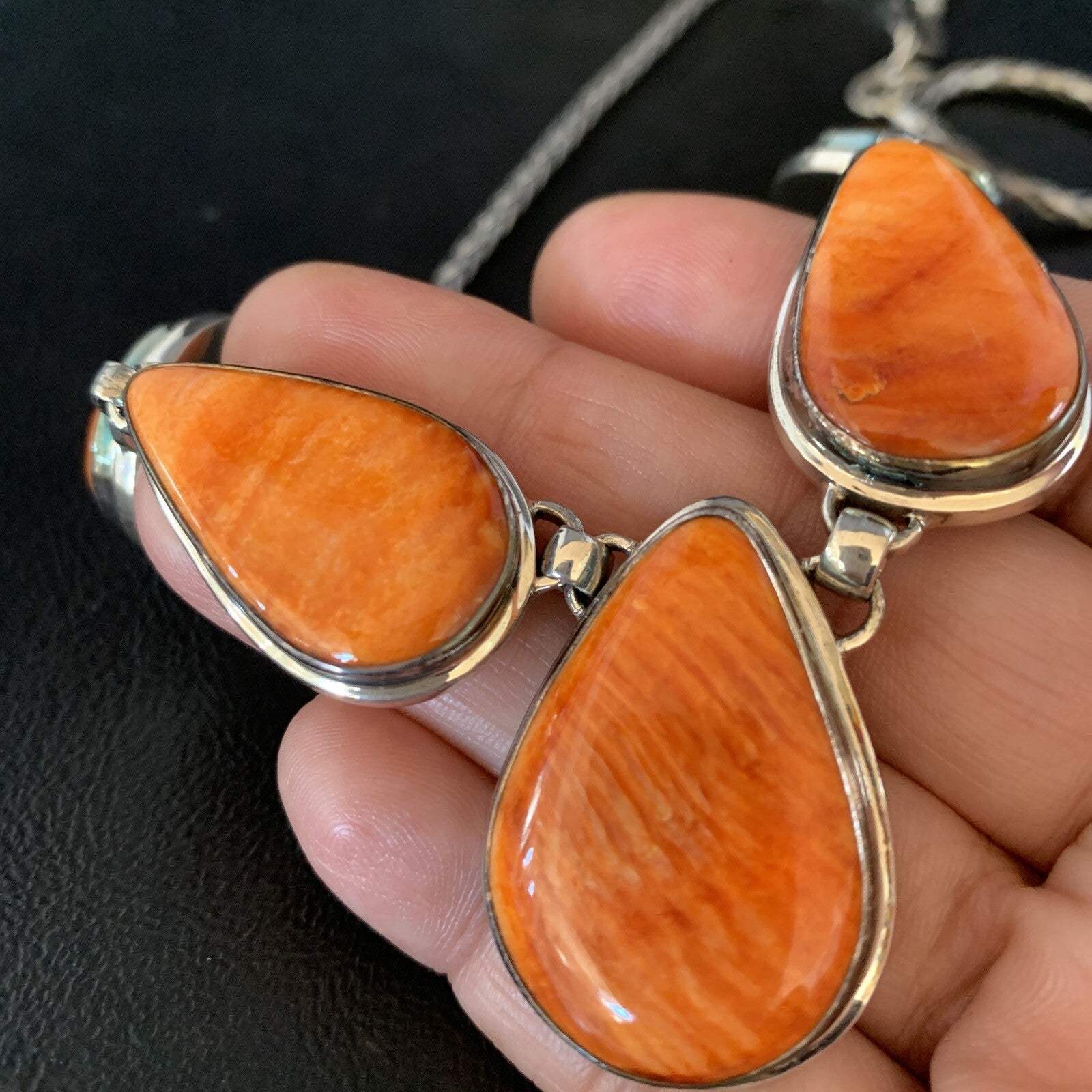 Orange Spiny Oyster Pendant Navajo Sterling Silver Lariat Necklace 20" 13889