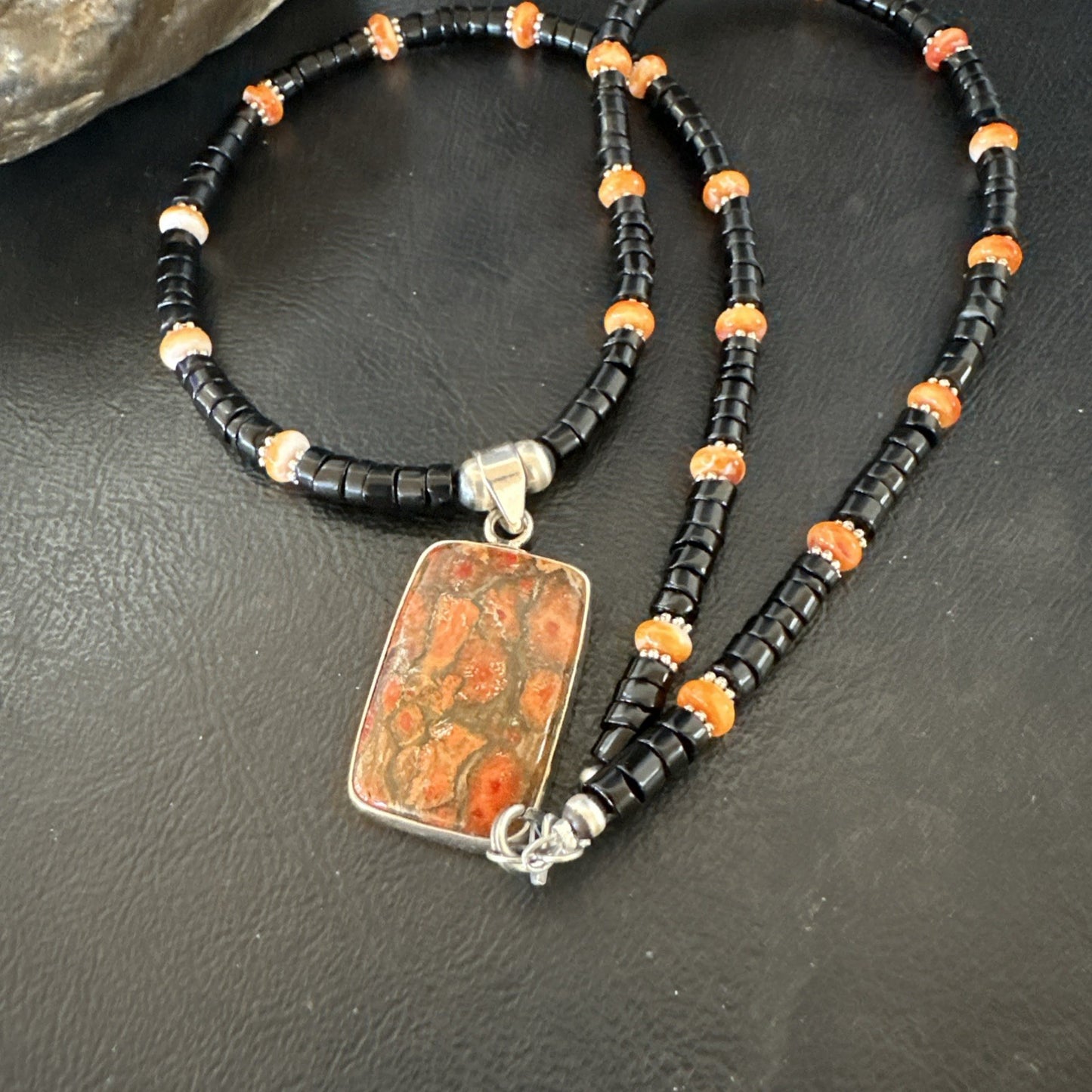 Orange Spiny Black Onyx Navajo Sterling Silver Pendant Necklace 20” 19637