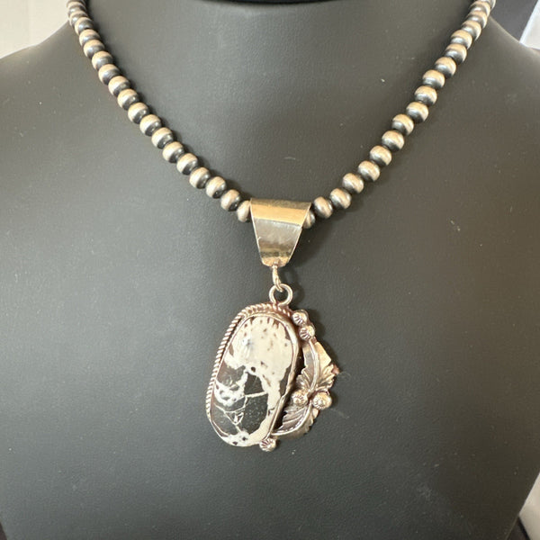White Buffalo Turquoise Pendant Navajo Pearls Necklace | Sterling Silver | Authentic Native American Handmade | 19346