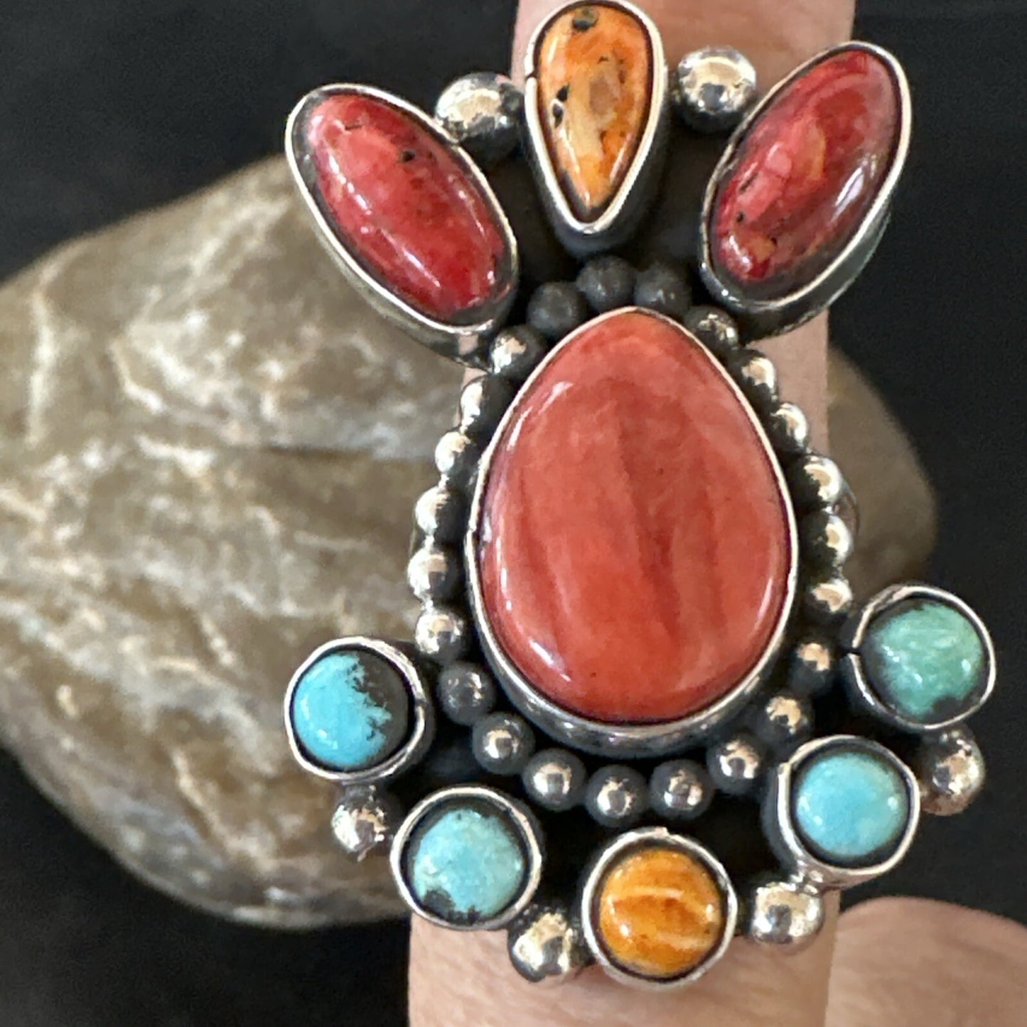Cluster Blue Turquoise Spiny Oyster Sterling Silver Ring Size 7.5 18565
