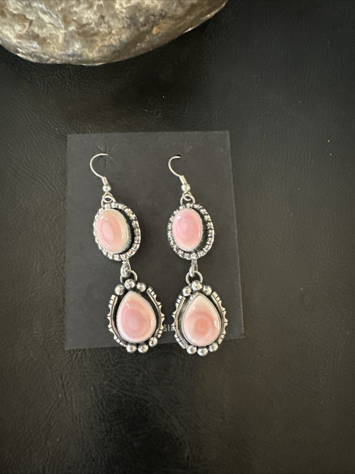 Yazzie Pink Queen Conch Navajo Sterling Silver Dangle Earrings 19321