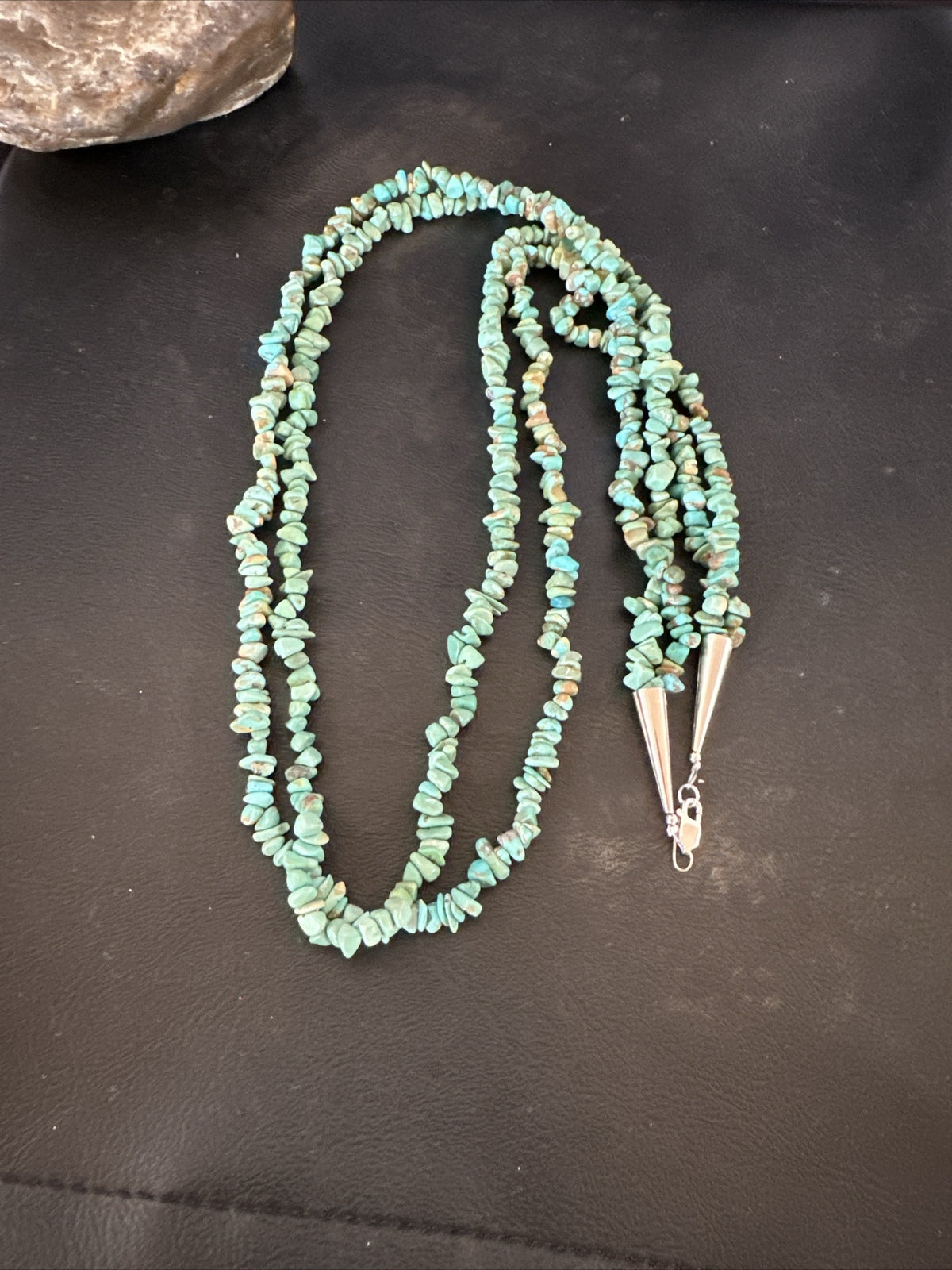 Green Turquoise 2S Nugget Beads Navajo Sterling Silver Necklace 30” 17780