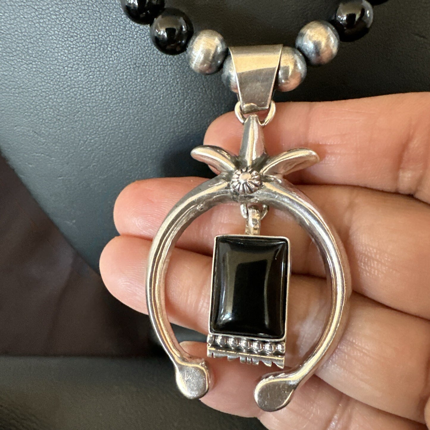 Mens Black Onyx Howlite Naja Pendant Navajo Sterling Silver Necklace 23” 17687