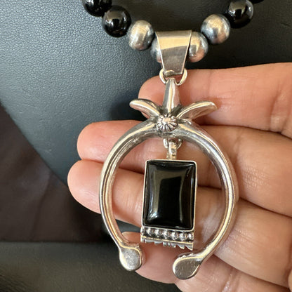 Mens Black Onyx Howlite Naja Pendant Navajo Sterling Silver Necklace 23” 17687