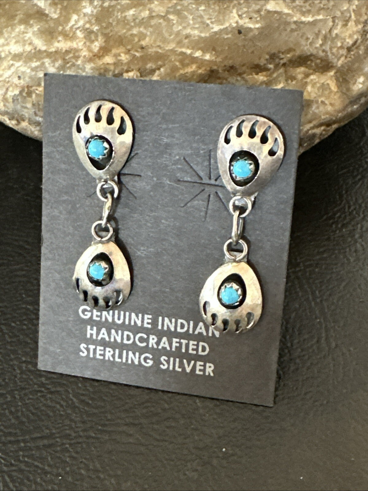 Navajo Blue Turquoise Sterling Silver Post Dangle Bear Paw Earrings 1.30" 4520
