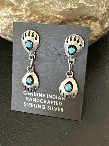 Navajo Blue Turquoise Sterling Silver Post Dangle Bear Paw Earrings 1.30" 4520