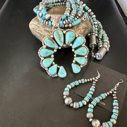 Blue Turquoise Naja Pendant Navajo Sterling Silver Earrings Necklace 21" 16865