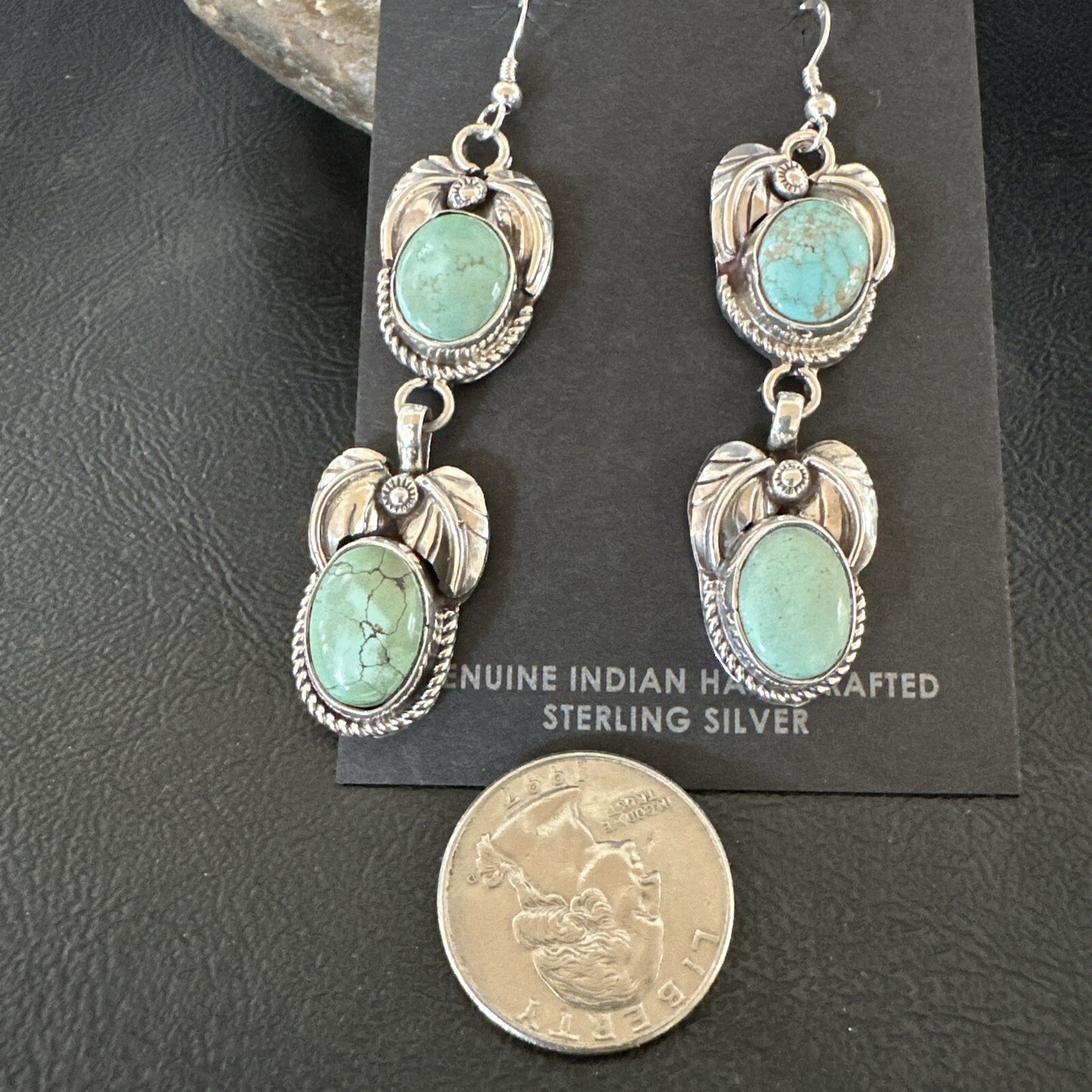 Native Navajo Blue Green Turquoise Sterling Silver Dangle Earrings 2” 17917