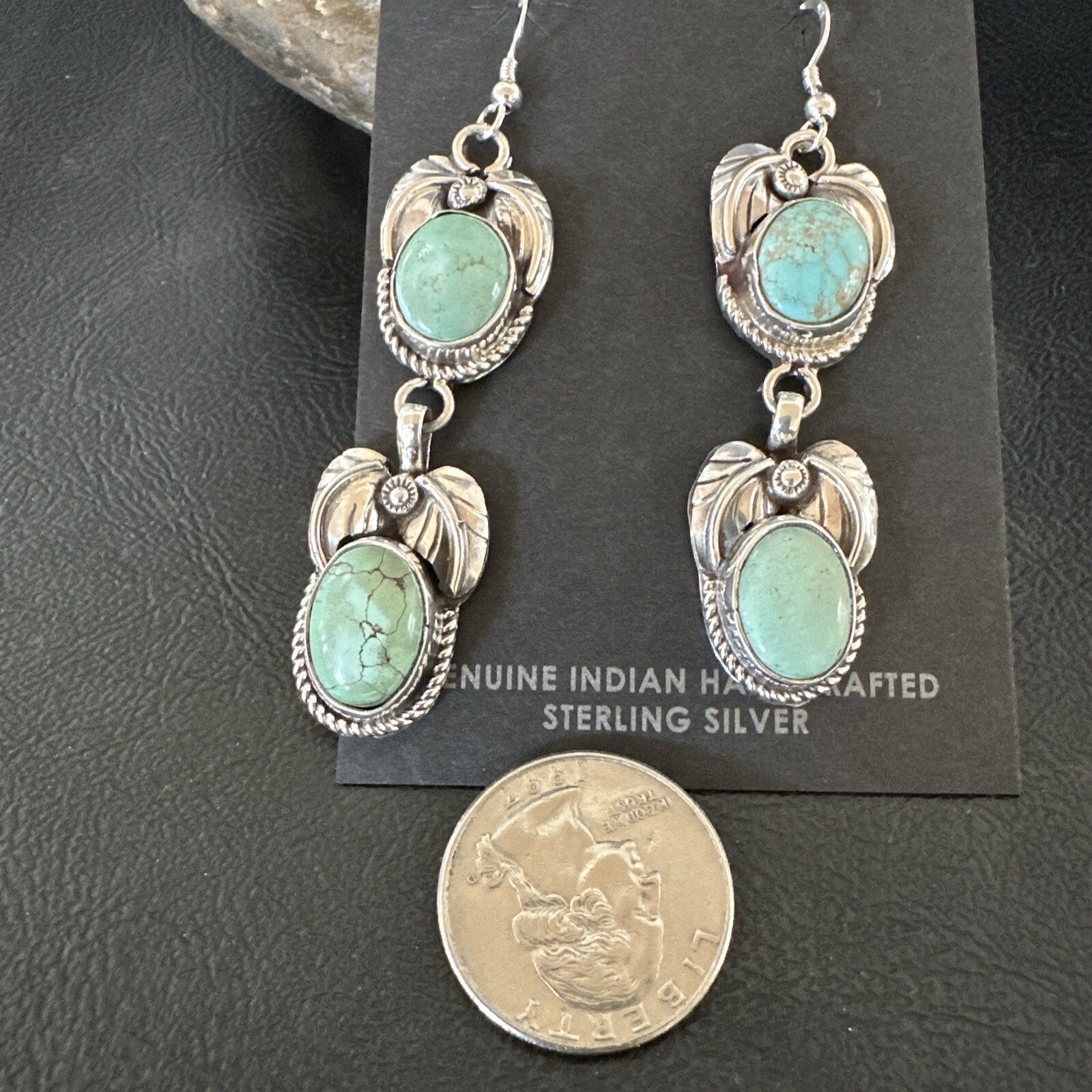 Native Navajo Blue Green Turquoise Sterling Silver Dangle Earrings 2” 17917