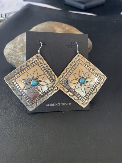 Blue Turquoise Navajo Sterling Silver Earrings 2.25" 12057