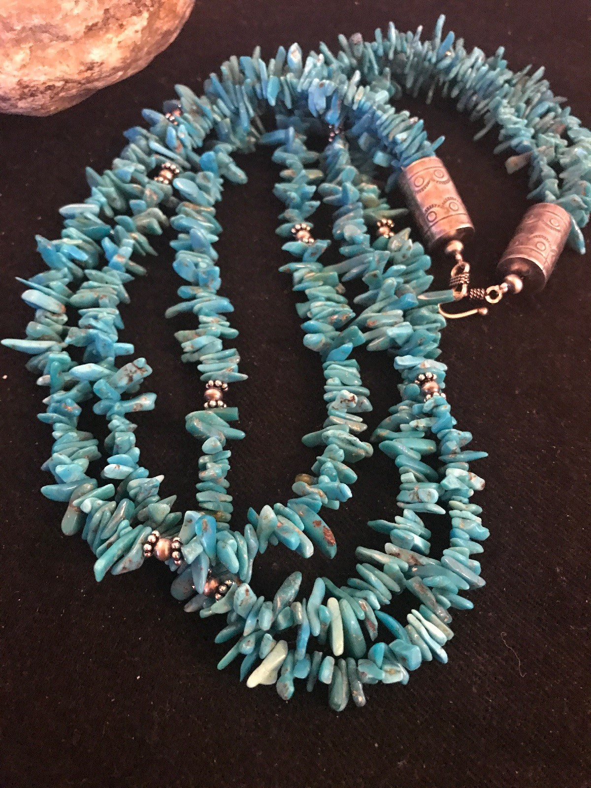 Turquoise Nugget Bead 3 Strand Stabilized Navajo Sterling Necklace 08100