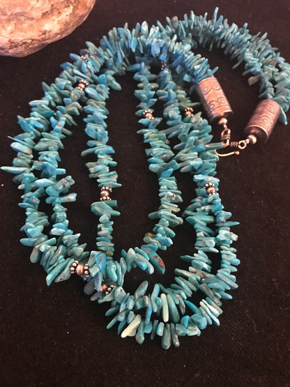 Turquoise Nugget Bead 3 Strand Stabilized Navajo Sterling Necklace 08100