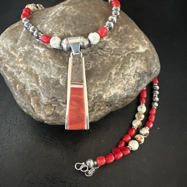 Multicolor Wild Horse Coral Navajo Inlay Pendant Necklace | Sterling Silver | Authentic Native American Handmade | 19658