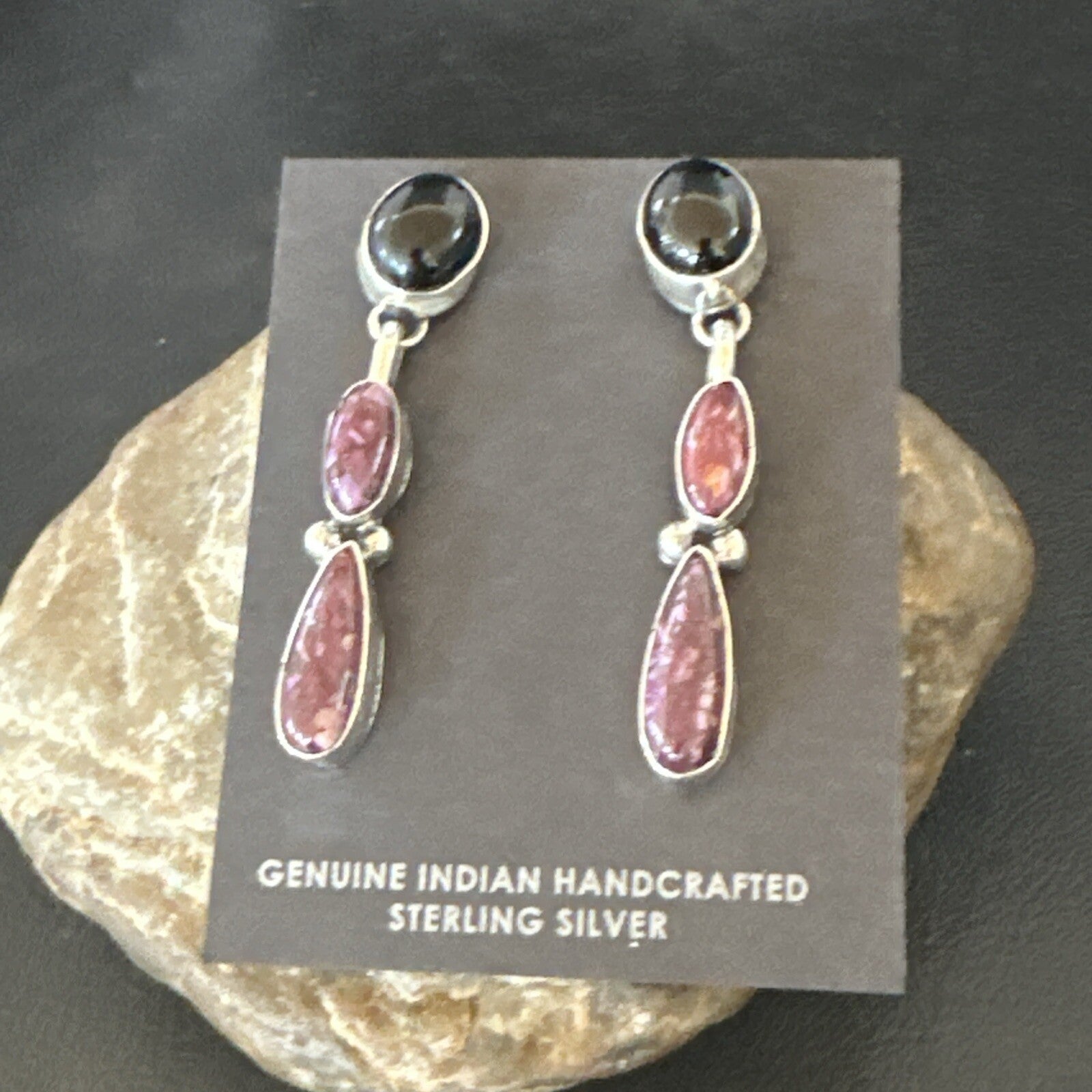 Purple Spiny Oyster Onyx Navajo Sterling Silver Dangle Earrings 2" 18570