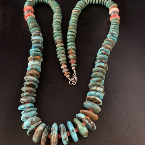 Navajo Graduated Blue Green Turquoise Spiny Necklace Sterling 33" 13569