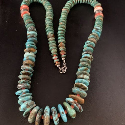 Navajo Graduated Blue Green Turquoise Spiny Necklace Sterling 33" 13569