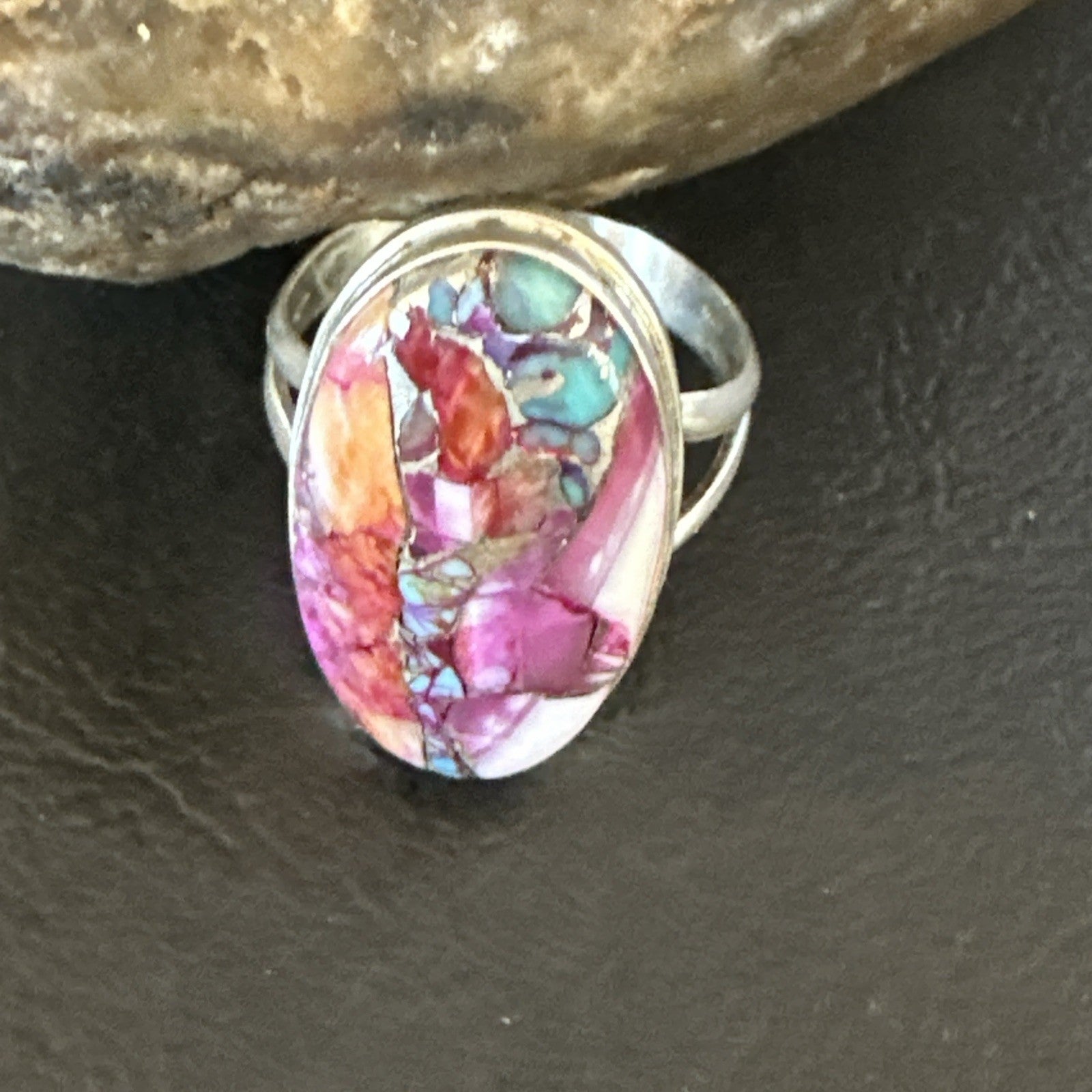 Blue Turquoise Spiny Oyster Southwestern Sterling Silver Ring Size 10 19056