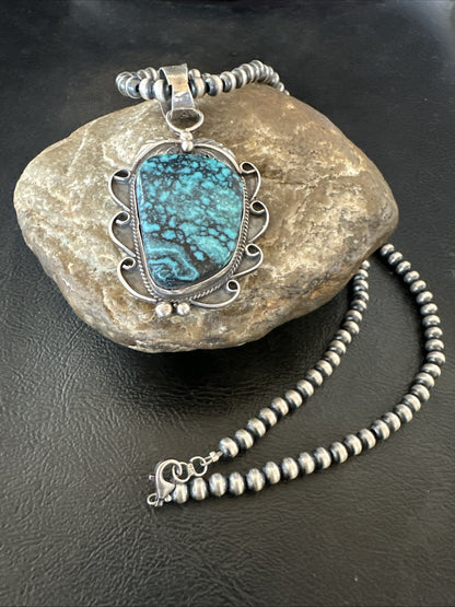 WoMens Blue Spiderweb Turquoise Pendant Navajo Sterling Silver Necklace 19298
