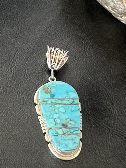 Navajo B E Inlay 925 Sterling Silver Turquoise Pendant Cobblestone 2.5" 19398
