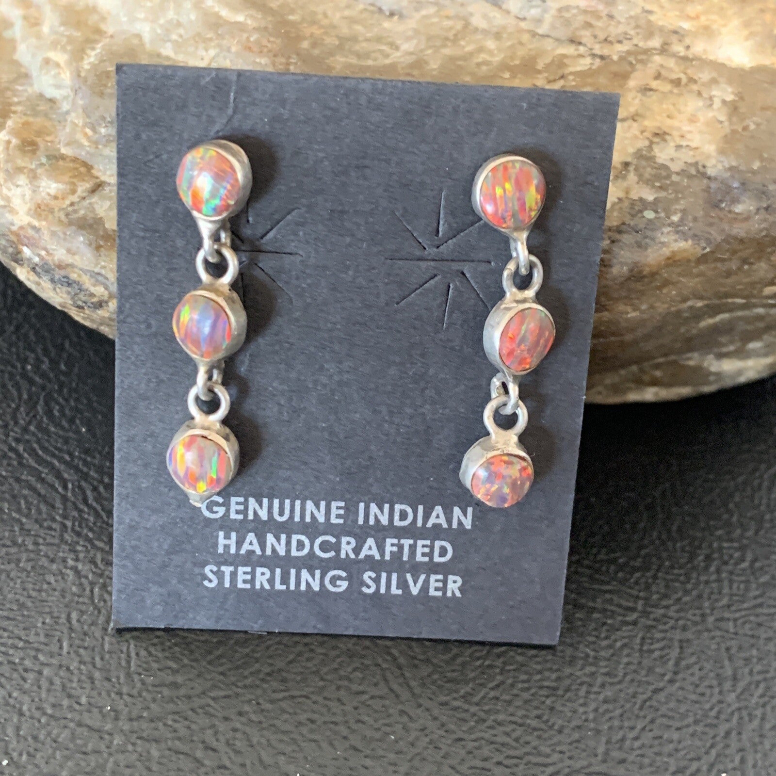 Womens Pink Opal Inlay Navajo Sterling Silver Dangle Post Earrings 1" 12760