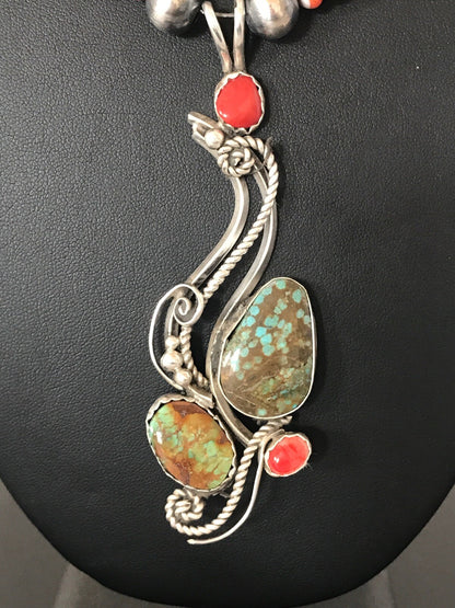 Turquoise #8 & Spiny Oyster Pendant Navajo Sterling Silver Beads Necklace 08646