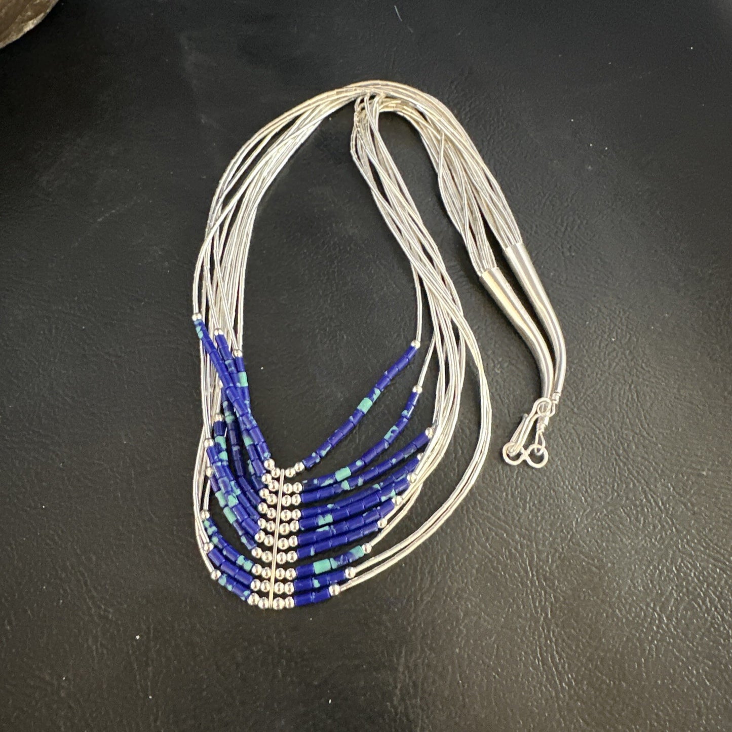 Blue Green Azurite Heishi 10Strand Stabilized Sterling Silver Necklace 18" 15135