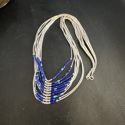 Blue Green Azurite Heishi 10Strand Stabilized Sterling Silver Necklace 18" 15135