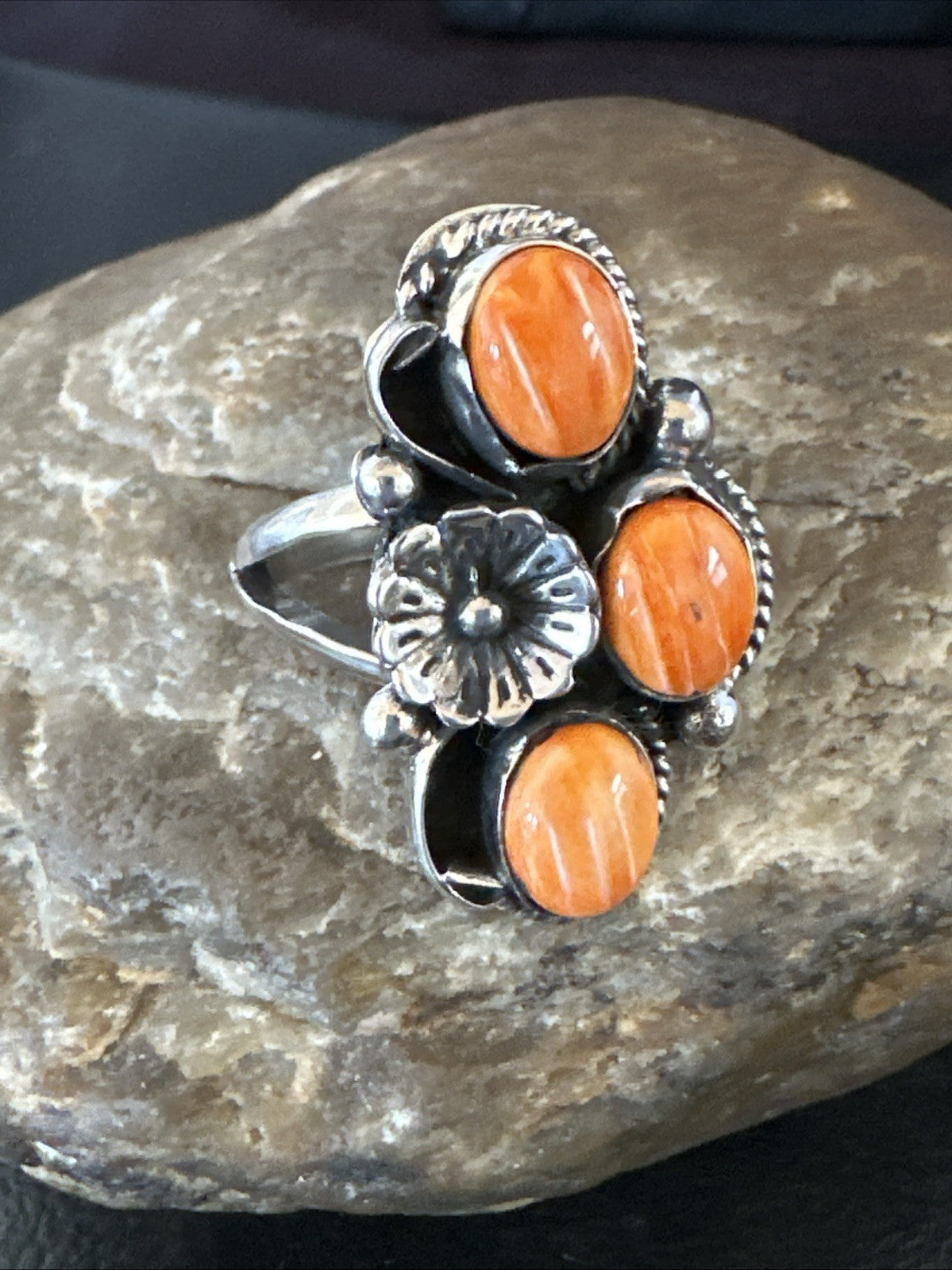 Orange Spiny Oyster Cluster Navajo Sterling Silver Ring Size 9.5 19184
