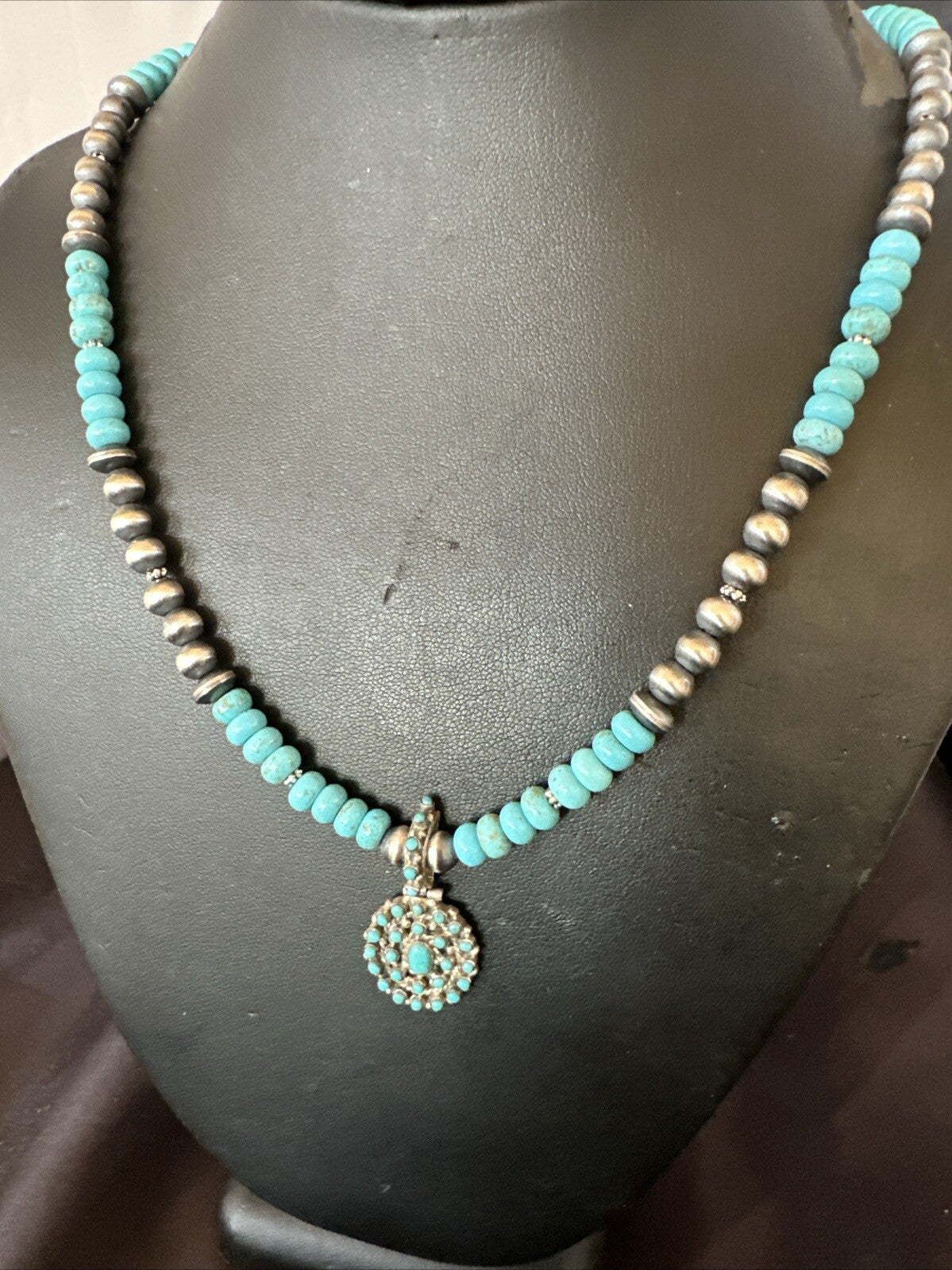Zuni Blue Kingman Turquoise Cluster Pendant Sterling Silver Necklace 21" 18381