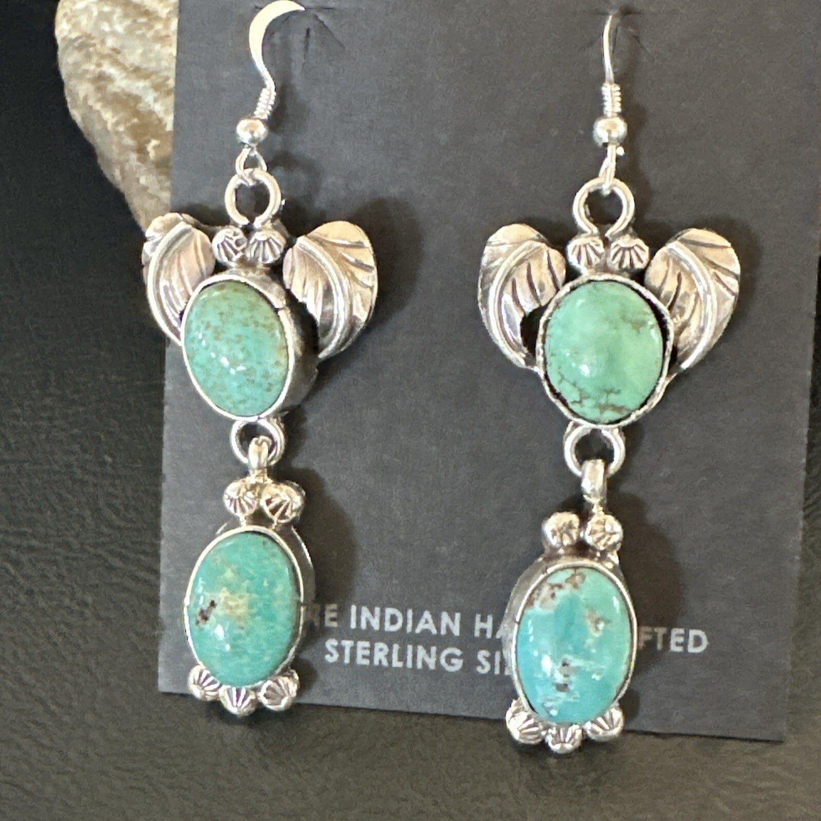 Navajo Green Turquoise Sterling Silver Dangle Earrings 2” 18044