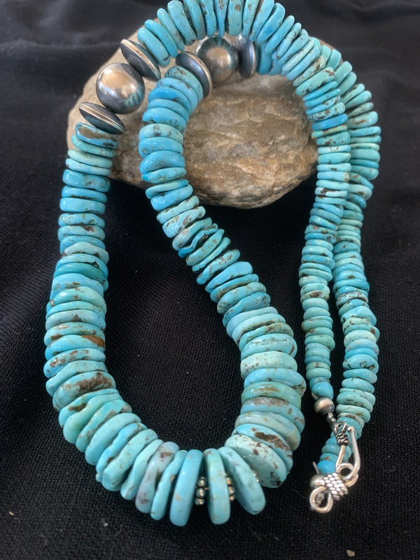 Blue Turquoise Graduated Navajo Pearls Necklace 25" | Sterling Silver | Authentic Native American Handmade | 00602